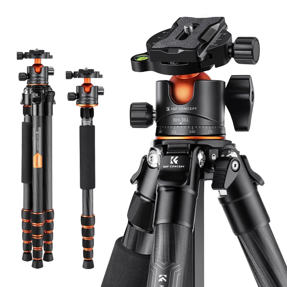 K&F CONCEPT 62" Carbon Fiber Camera Tripod,Portable Compact Tripods with Detachable Monopod,360° Metal Ball Head 15KG/33lbs Load Capacity with Quick Release Plate for Travel and Work A255C2+BH-36L