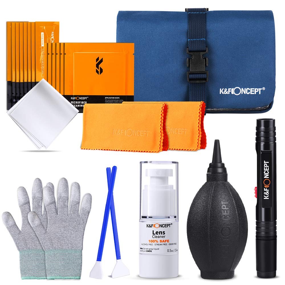 K&F CONCEPT Professional Lens Cleaning Kit for DSLR & Mirrorless Cameras with APS-C/Full-Frame Sensor Cleaning Swabs/Lens Cleaner/Gloves/Camera Blower/Lens Pen Brush/Microfiber Cloths/Carrying Case