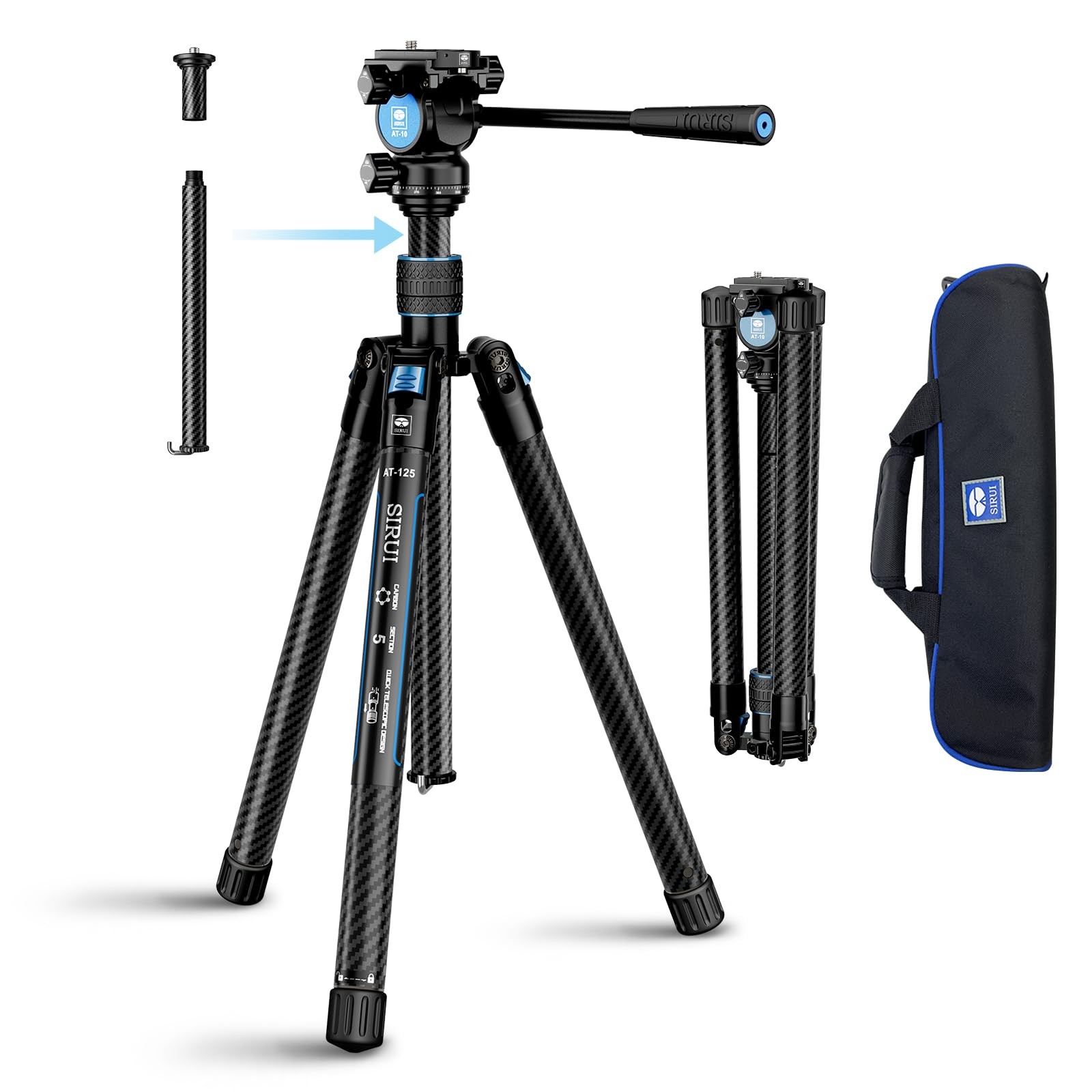 Sirui Carbon Fiber Tripod Lightweight 2lbs with Panoramic Fluid Head, 59.8” Compact Camera Tripod Quick Release Leg Setup, Reversible Center Column, Reverse Folding Legs, Max Load 11lbs - Traveler X