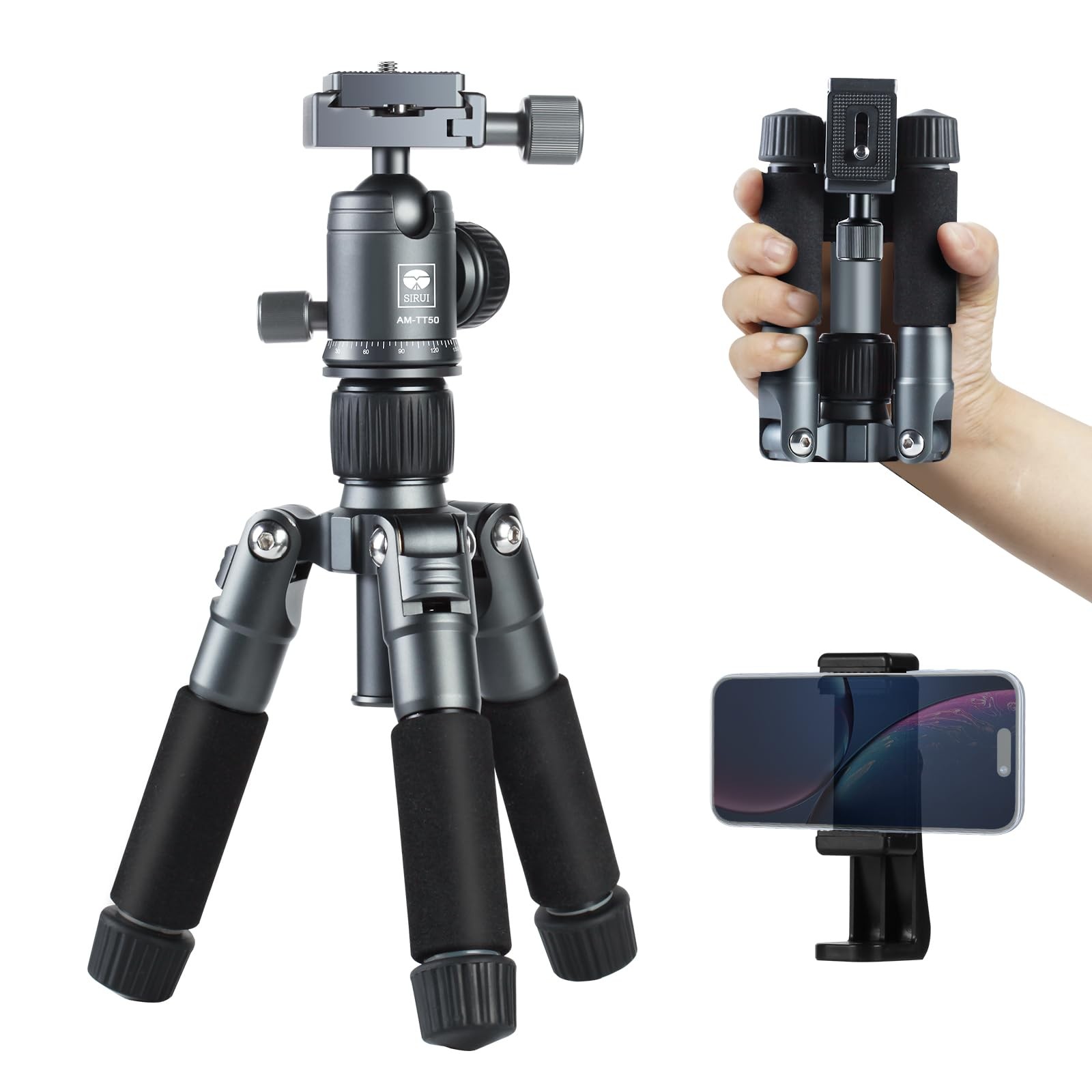 SIRUI Compact Mini Desktop Tripod, 20" Aluminum Portable Small Tabletop Tripod Stand with 360° Ball Head for DSLR, Camera, Phone, Loaded up to 17.64lbs, Phone Holder Included, AM-TT50