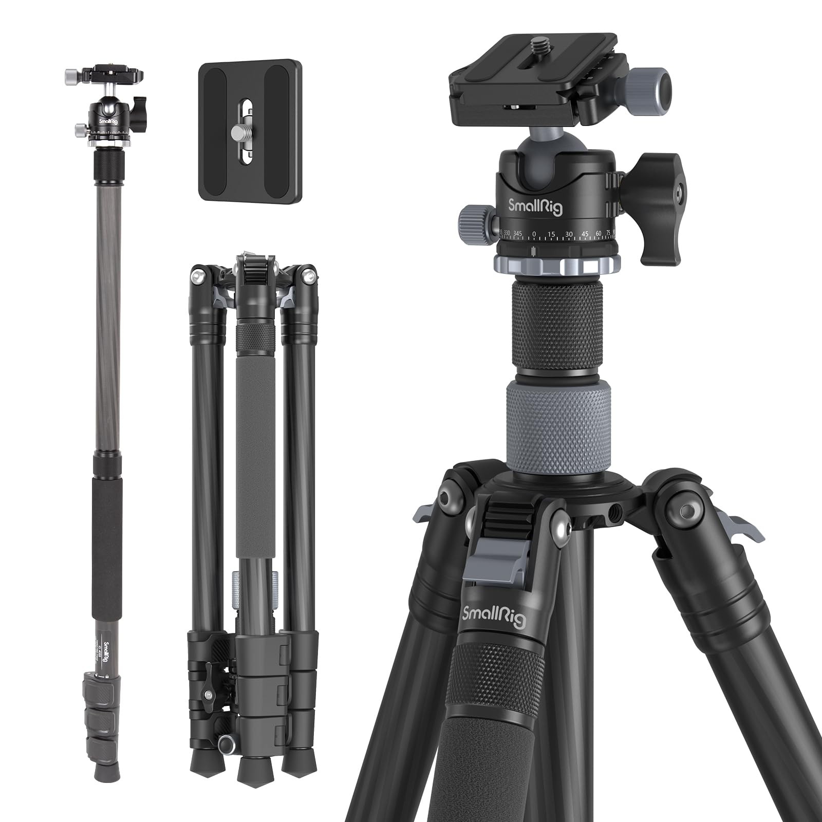 SMALLRIG AP-20 Carbon Fiber Tripod, 62.2" Camera Tripod Monopod with Center Column, Compact Lightweight Tripods with 360° Ball Head, Payload 26.5 lbs, Quick Release Plate, for DSLR Camera - 4059