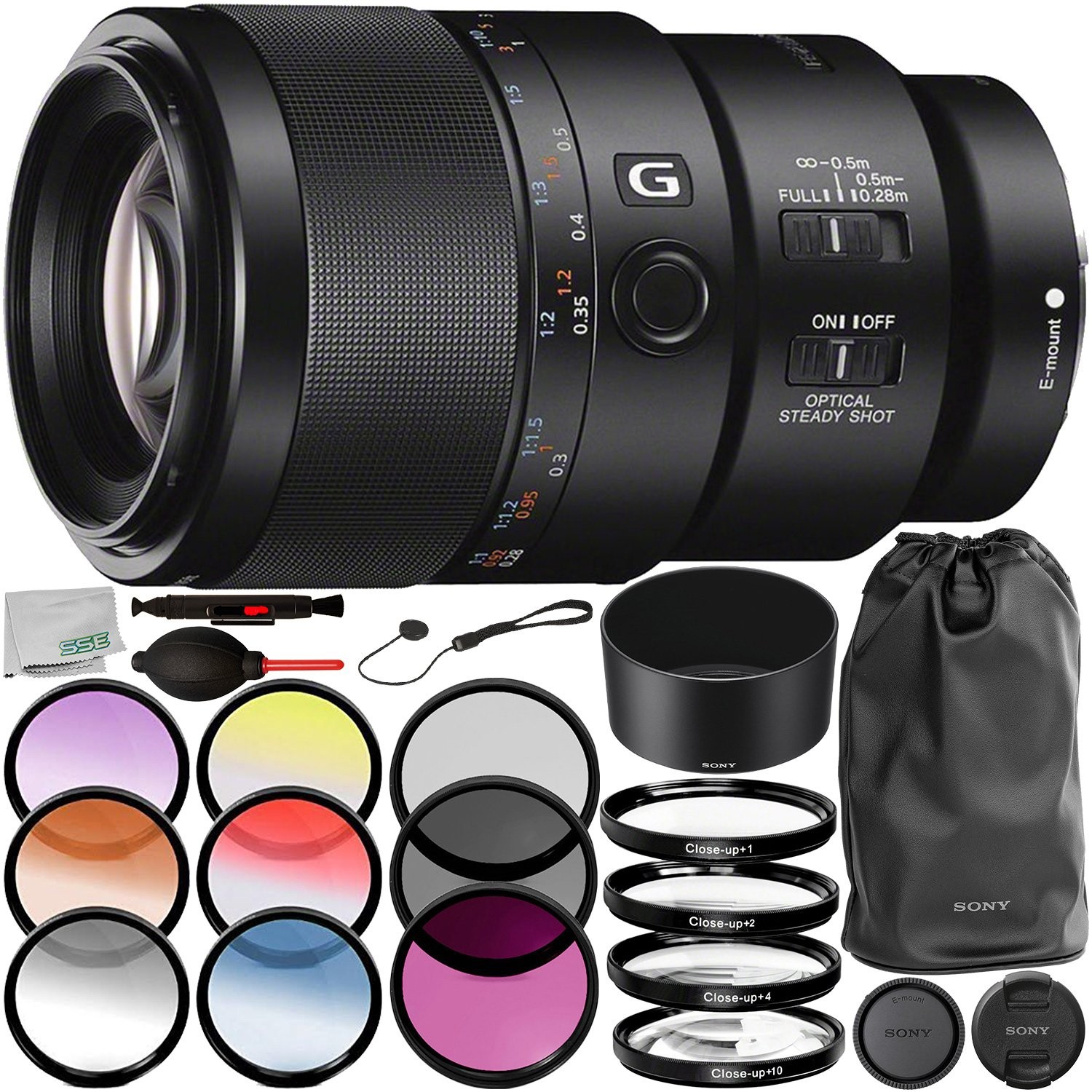 Sony FE 90mm f/2.8 Macro G OSS Lens with 7PC Accessory Bundle – Includes 3PC Filter Kit (UV + CPL + FLD) + 4PC Macro Filter Set (+1, +2, +4, +10) + 6PC Graduated Color Filter Set + More