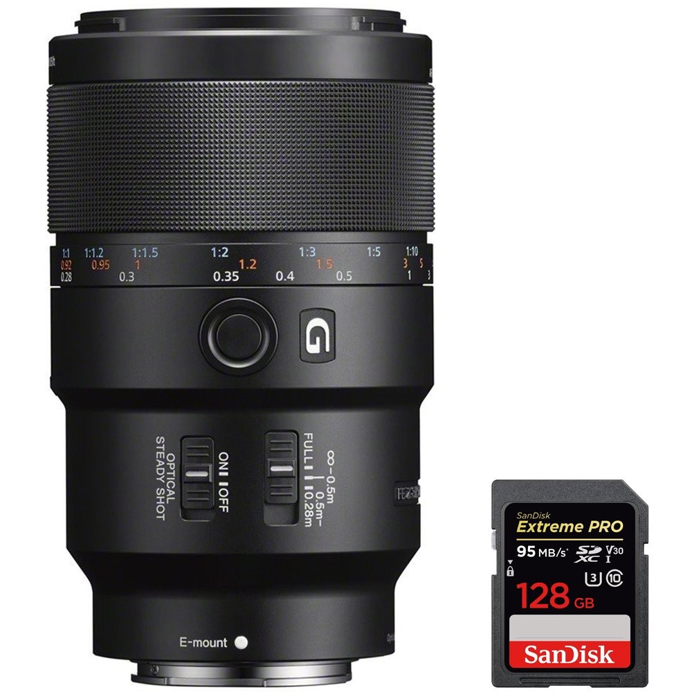 Sony (SEL90M28G FE 90mm F2.8 Macro G OSS Full-Frame E-Mount Macro Lens with Sandisk Extreme PRO SDXC 128GB UHS-1 Memory Card